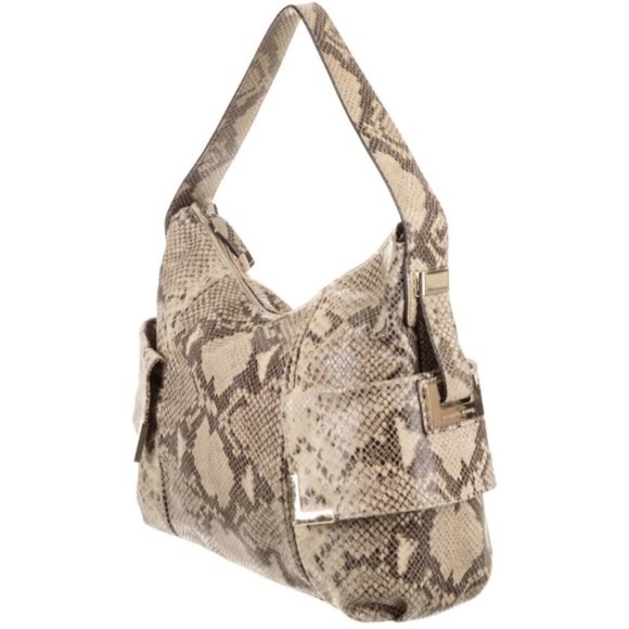 MICHAEL KORS BEVERLY PYTHON CREAM/BLACK EMBOSSED LEATHER DESIGNER SHOULDER BAG - Picture 3 of 13